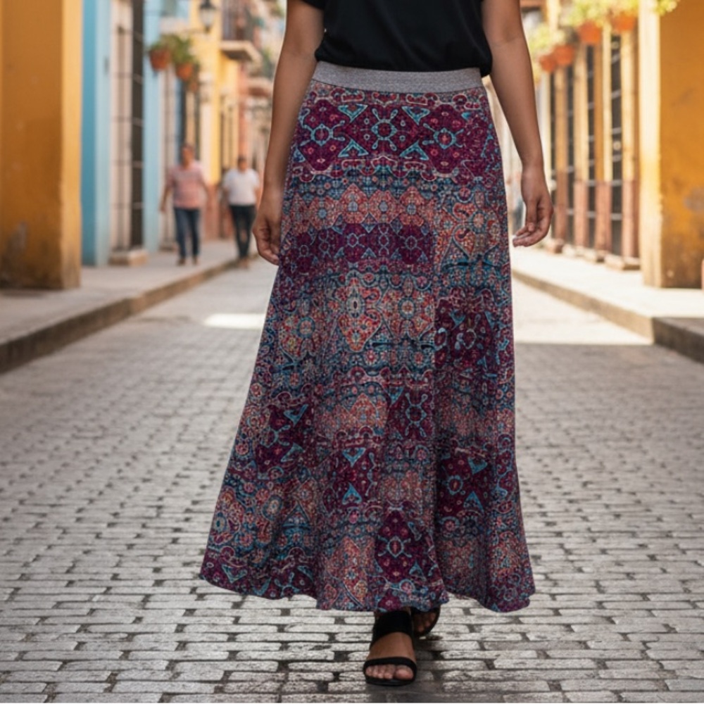 Vanessa Virginia Bohemian Geometric Print Maxi Med Petite Skirt Country Preppy